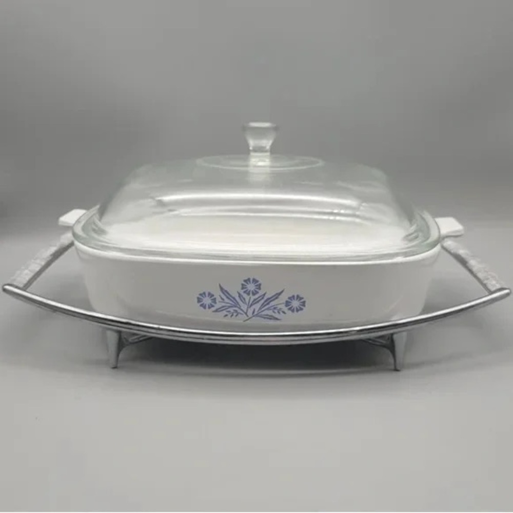 Vintage White Casserole Dish with Blue Floral Pattern